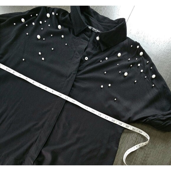 Zara Black Bead Pearl Accent Long Sleeve Button Down Blouse Shirt Medium Party - Picture 3 of 7